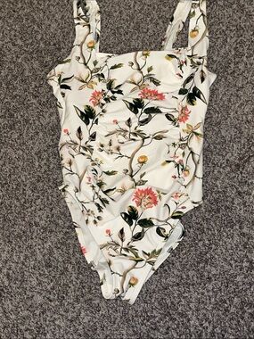 Floral One-Piece Swimsuit for Women- White with Pink & Green Floral Print